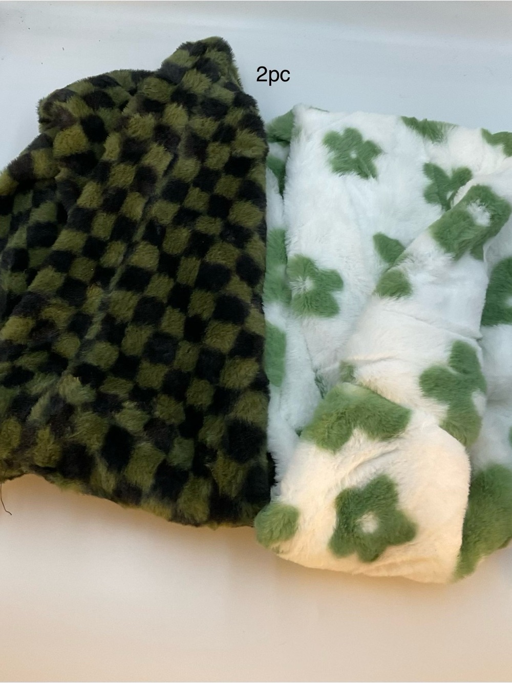 Green Floral & Check Faux Fur Scarf Set - Women's Wraps